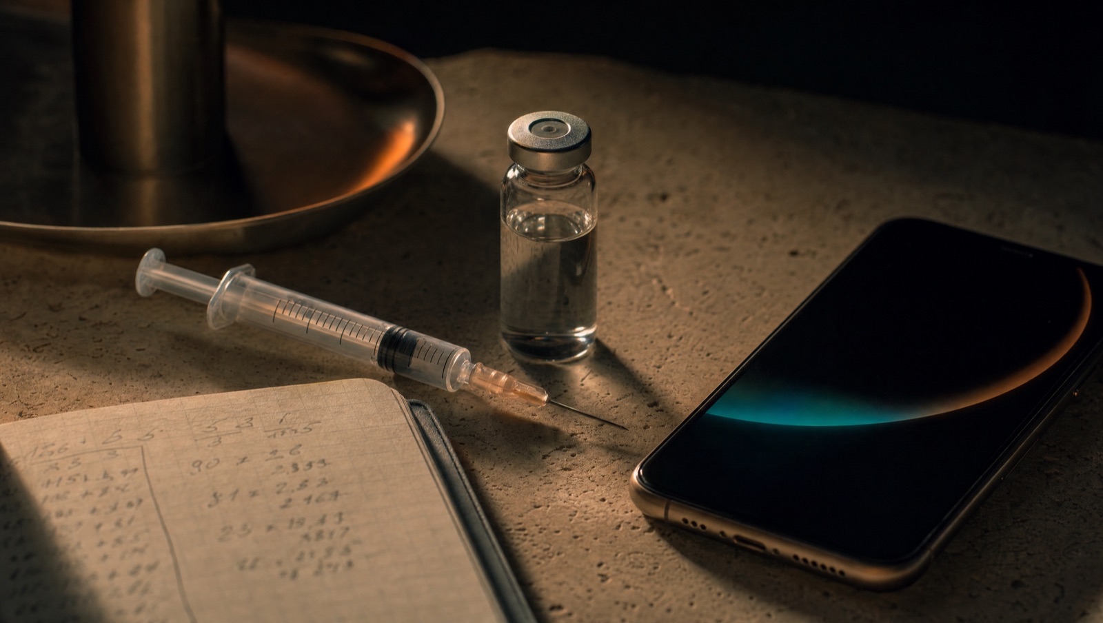 A syringe, vial, notebook with dosing math and a phone on a workspace